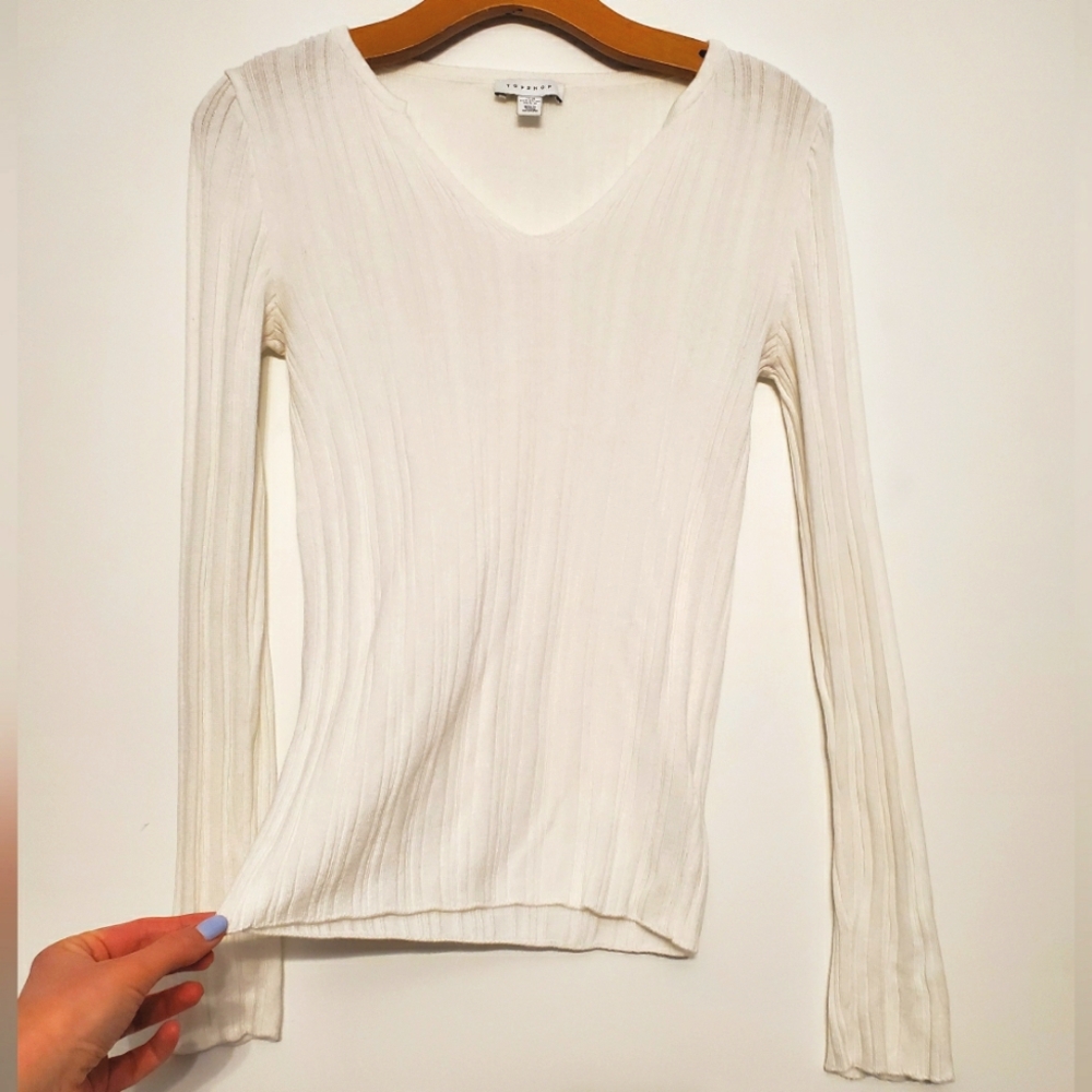 Topshop White V-Neck Ribbed Women's Long-sleeve Top